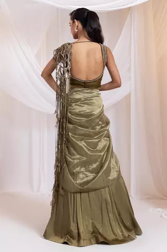 Olive embroidered silk saree