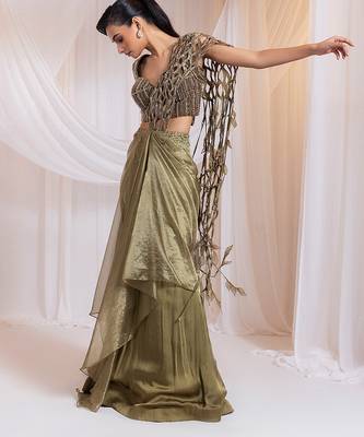 Olive embroidered silk saree 3