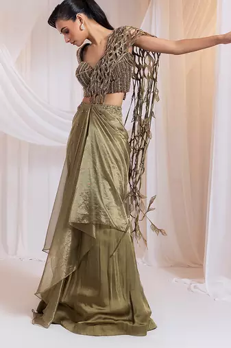 Olive embroidered silk saree