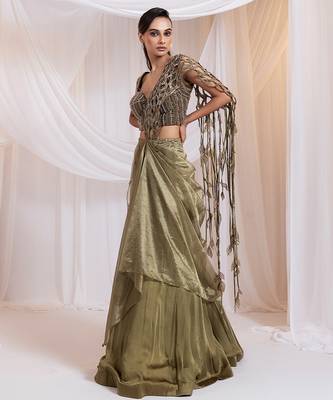 Olive embroidered silk saree 4