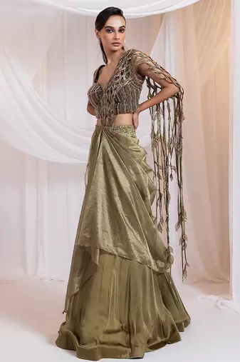 Olive embroidered silk saree