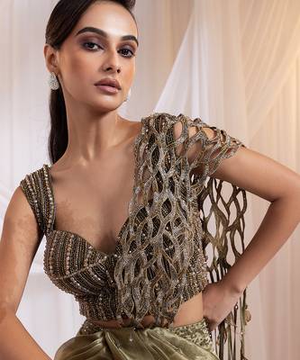 Olive embroidered silk saree 5