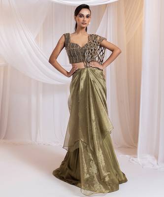 Olive embroidered silk saree 1