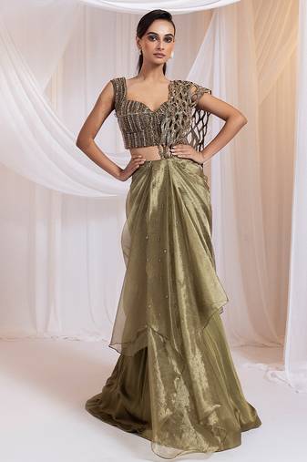 Olive embroidered silk saree