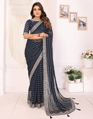georgette embroidered & sequin work bollywood fancy saree (madhvi-navy) 1