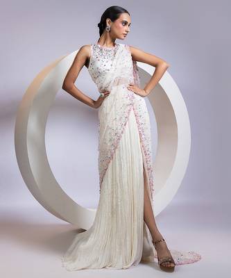 White embroidered organza saree 1