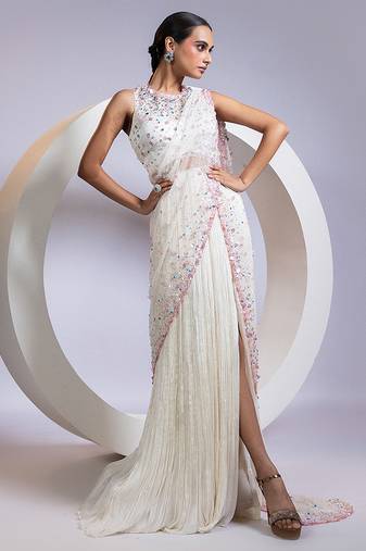 White embroidered organza saree