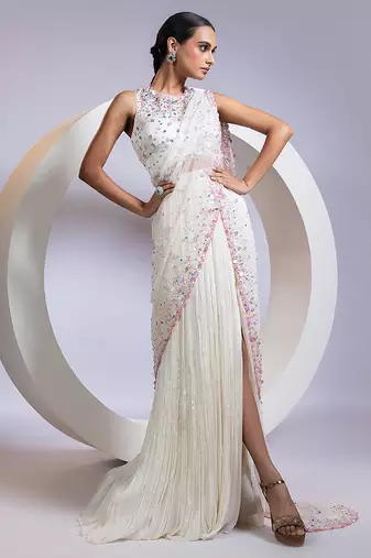 White embroidered organza saree