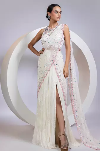 White embroidered organza saree
