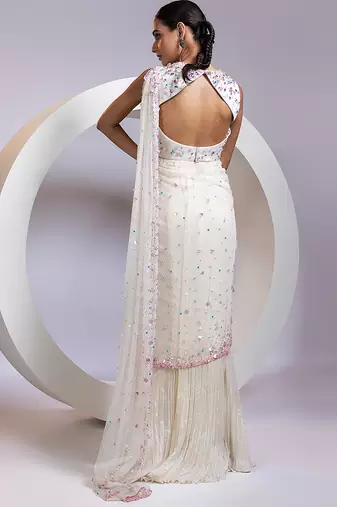 White embroidered organza saree