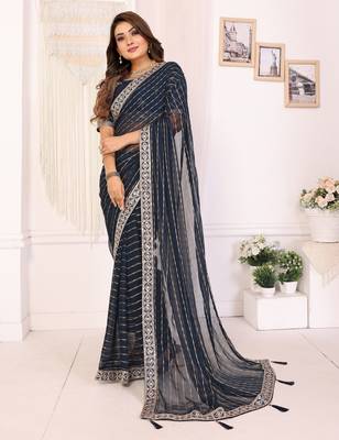 georgette embroidered & sequin work bollywood fancy saree (madhvi-navy) 2