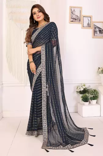 georgette embroidered & sequin work bollywood fancy saree (madhvi-navy)