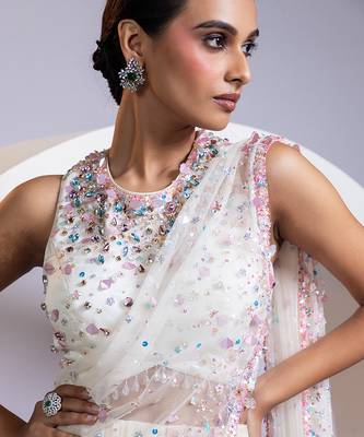 White embroidered organza saree 4