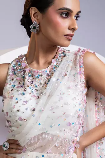 White embroidered organza saree