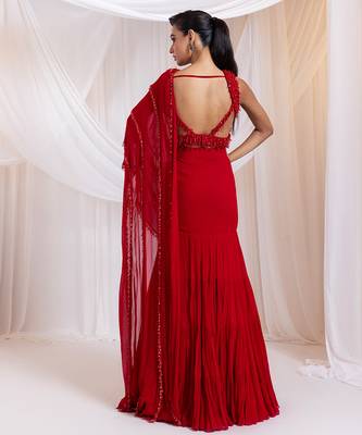 Red embroidered silk saree 2