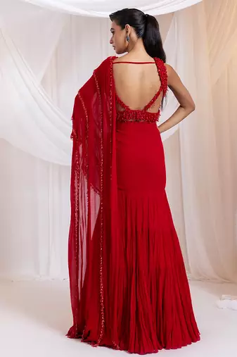 Red embroidered silk saree