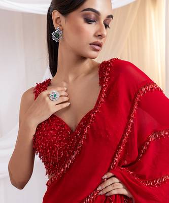 Red embroidered silk saree 3