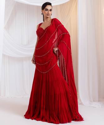 Red embroidered silk saree 4