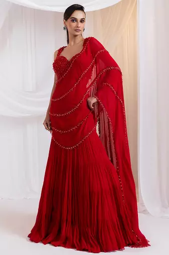 Red embroidered silk saree