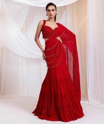 Red embroidered silk saree 1