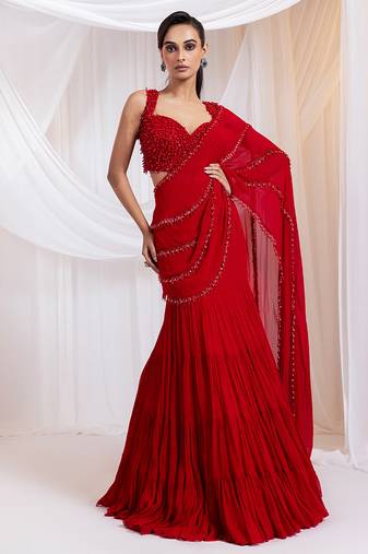 Red embroidered silk saree