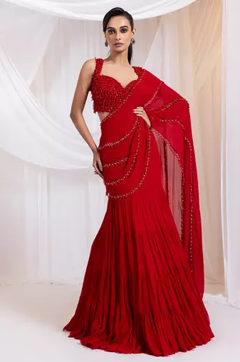 Red embroidered silk saree