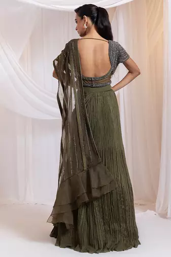 Olive embroidered silk saree