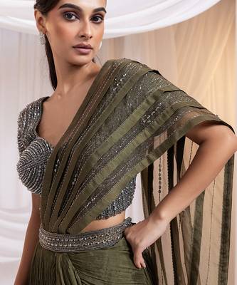 Olive embroidered silk saree 3