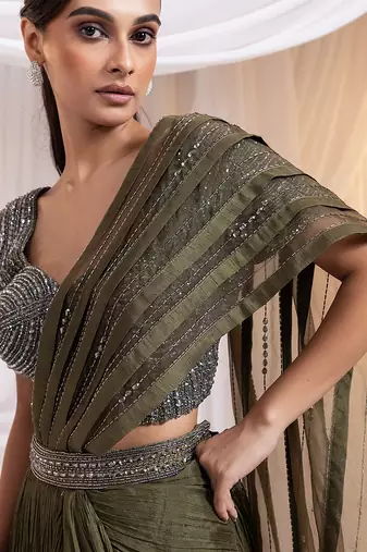 Olive embroidered silk saree