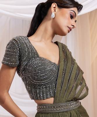 Olive embroidered silk saree 4