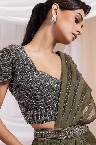 Olive embroidered silk saree