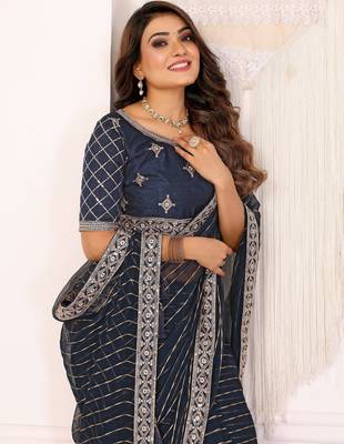 georgette embroidered & sequin work bollywood fancy saree (madhvi-navy) 5