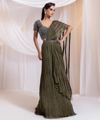 Olive embroidered silk saree 1