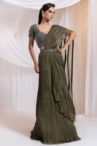 Olive embroidered silk saree