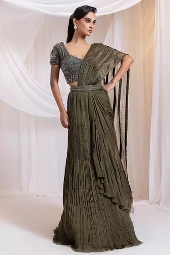 Olive embroidered silk saree