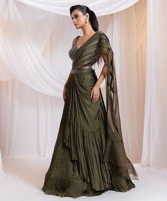 Olive embroidered silk saree 5