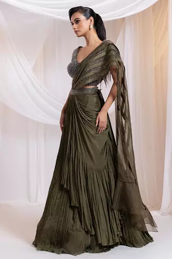 Olive embroidered silk saree