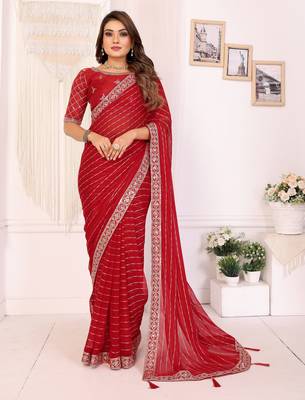 georgette embroidered & sequin work bollywood fancy saree (madhvi-red) 1
