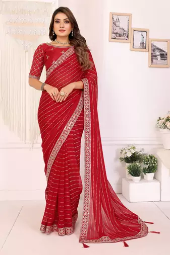 georgette embroidered & sequin work bollywood fancy saree (madhvi-red)