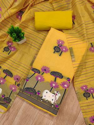 yellow zari woven banarasi dress materials 2