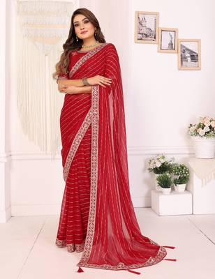georgette embroidered & sequin work bollywood fancy saree (madhvi-red) 2