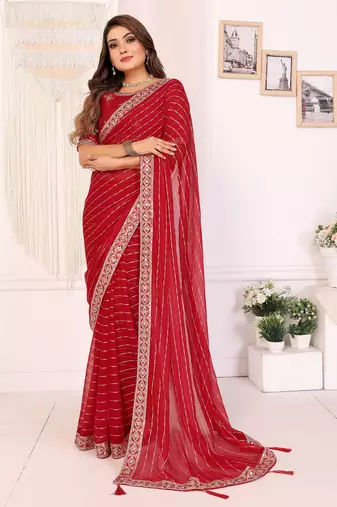 georgette embroidered & sequin work bollywood fancy saree (madhvi-red)