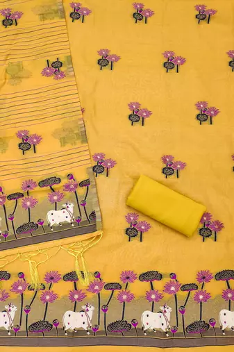 yellow zari woven banarasi dress materials