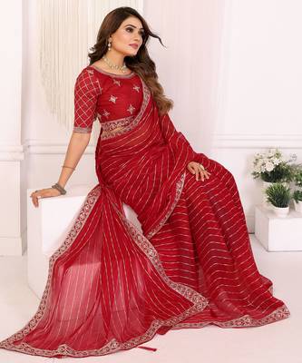 georgette embroidered & sequin work bollywood fancy saree (madhvi-red) 4