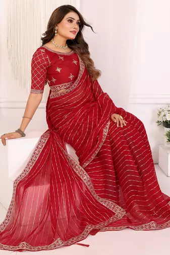 georgette embroidered & sequin work bollywood fancy saree (madhvi-red)