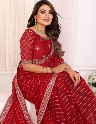georgette embroidered & sequin work bollywood fancy saree (madhvi-red) 5