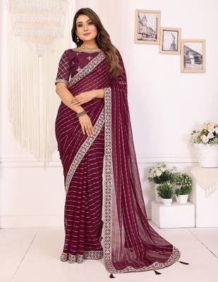 georgette embroidered & sequin work bollywood fancy saree (madhvi-wine) 1