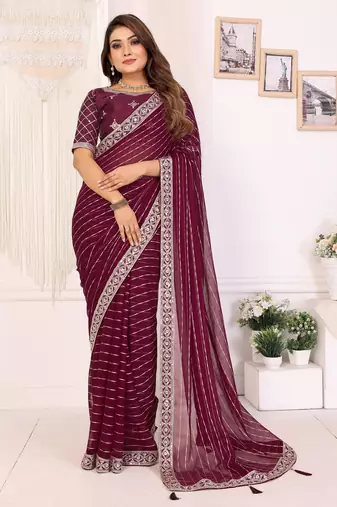 georgette embroidered & sequin work bollywood fancy saree (madhvi-wine)