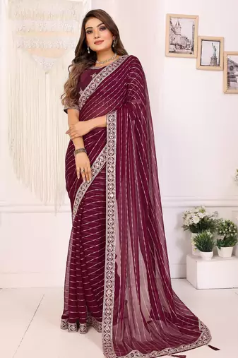 georgette embroidered & sequin work bollywood fancy saree (madhvi-wine)