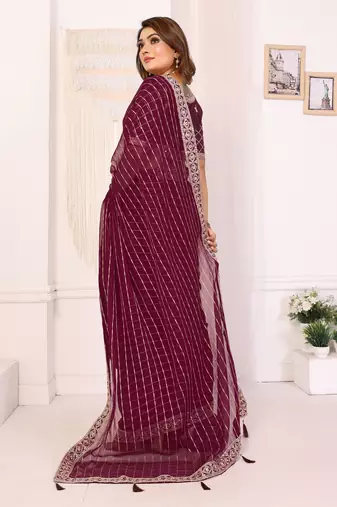 georgette embroidered & sequin work bollywood fancy saree (madhvi-wine)